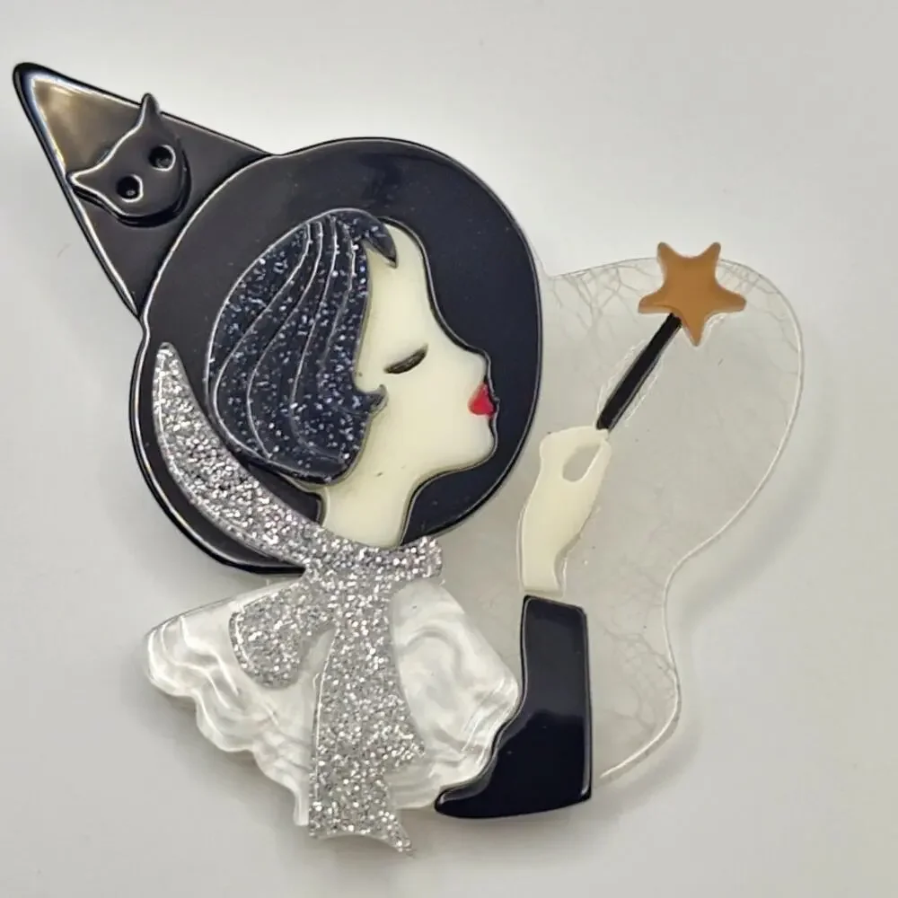Black Hat Witch Layered Acrylic Brooch Cat and Wand Halloween Witchy